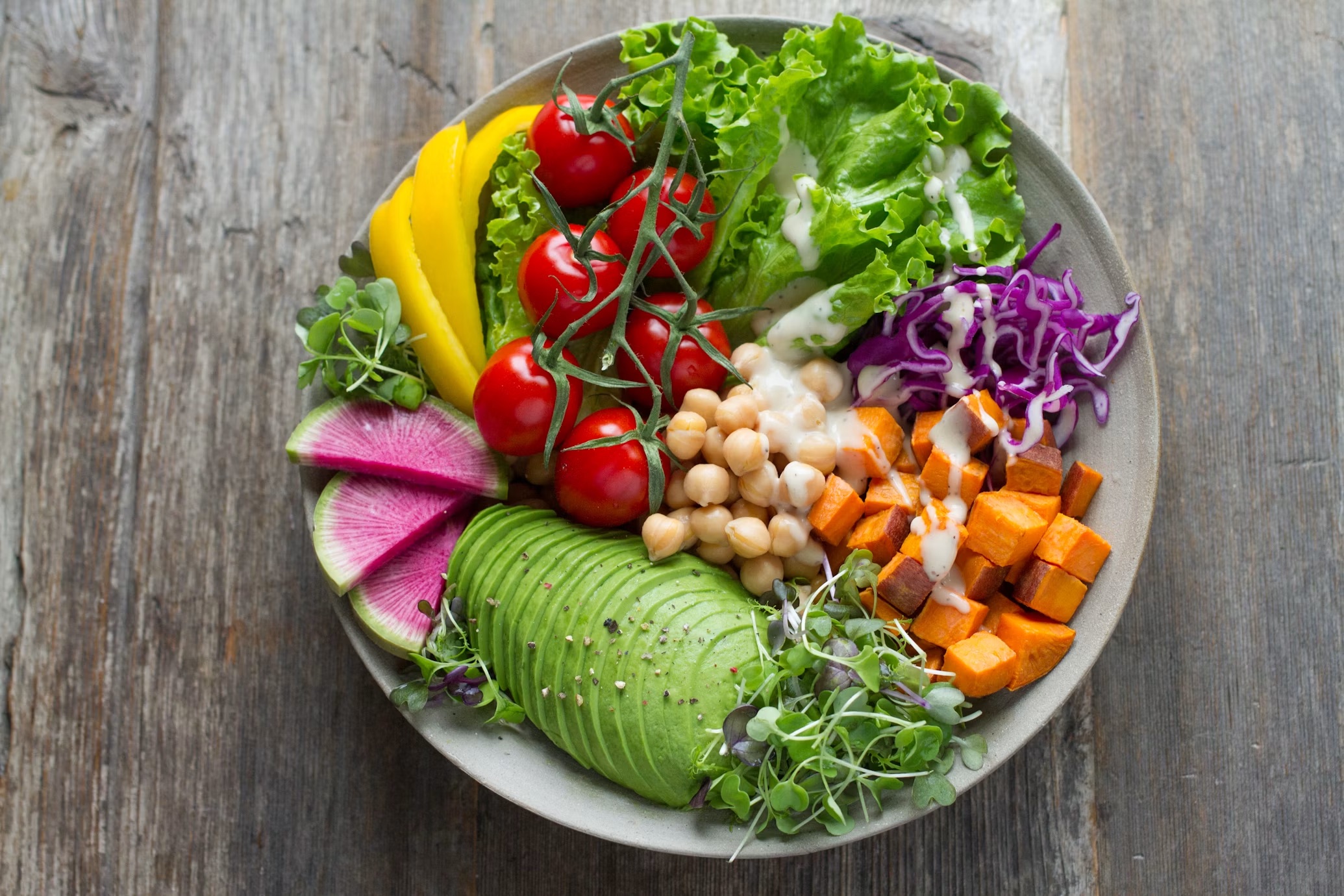 A colorful bowl made with fresh ingredients