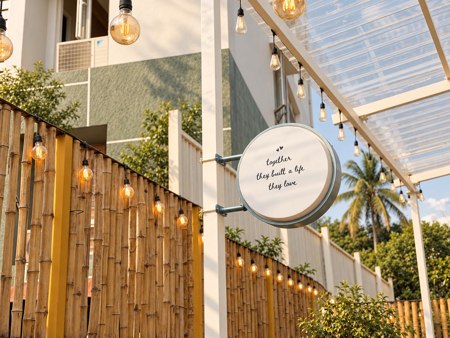 Vaan's outdoor space with bamboo walls, hanging lights, and a circular sign