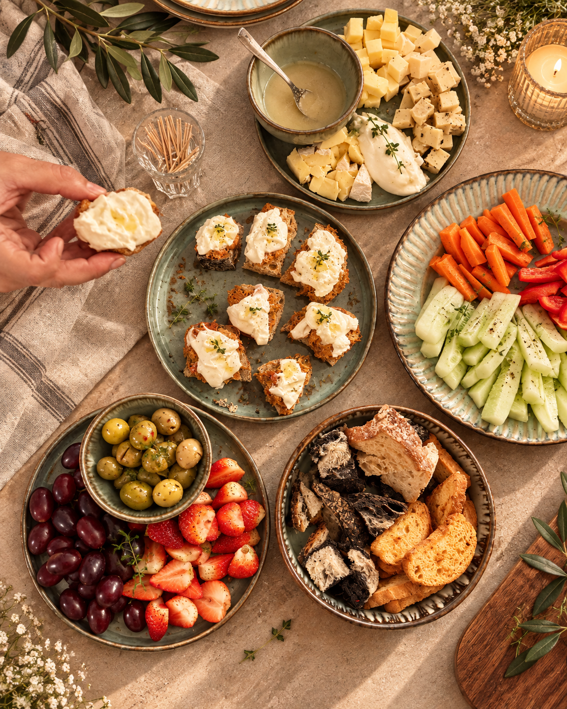 A rustic spread of cheese, bread, fresh fruit and vegetables prepared for a Vaan supper club